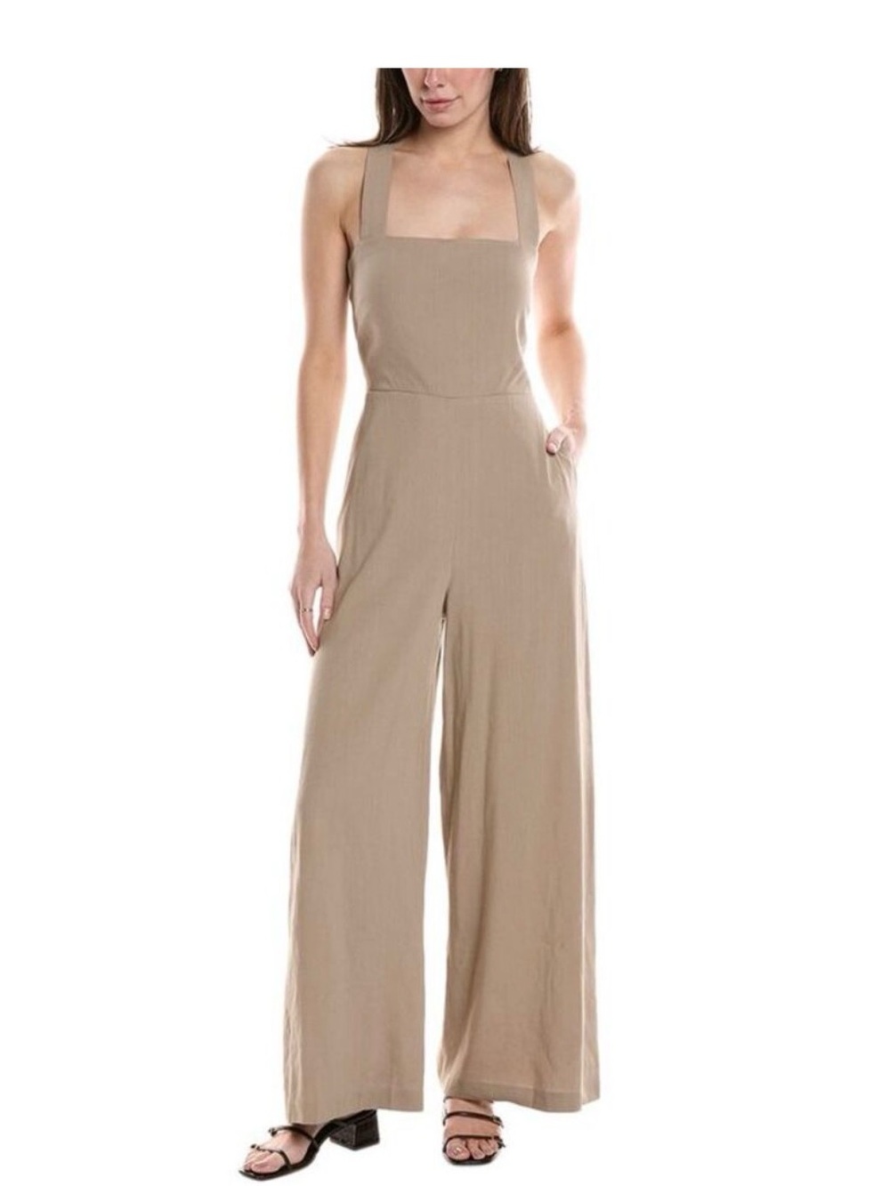 Theory Square-Neck Wide-Leg Jumpsuit in Taupe